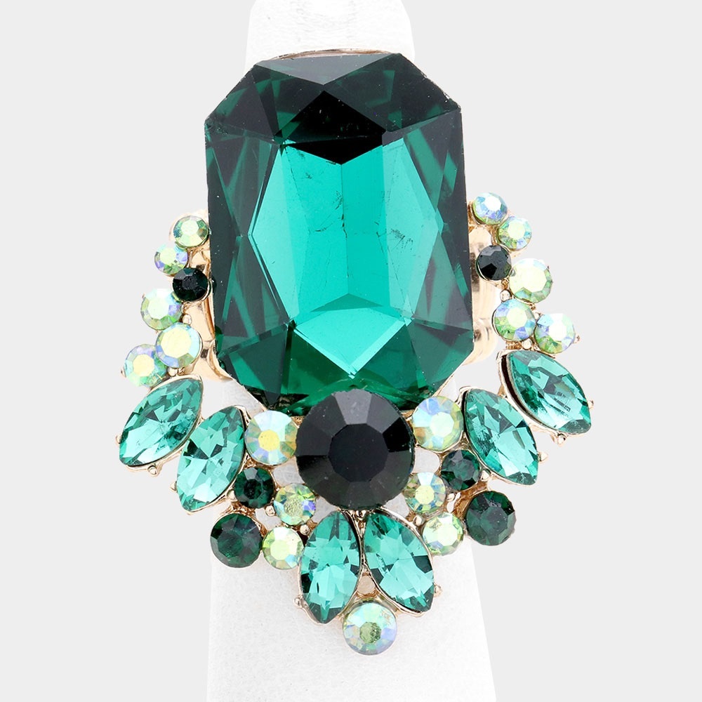Gold emerald green large crystal stone accented stretch ring